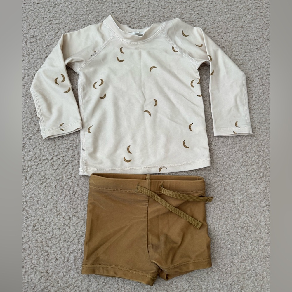 Rylee + Cru Cream Long-Sleeve rash guard and swim shorts